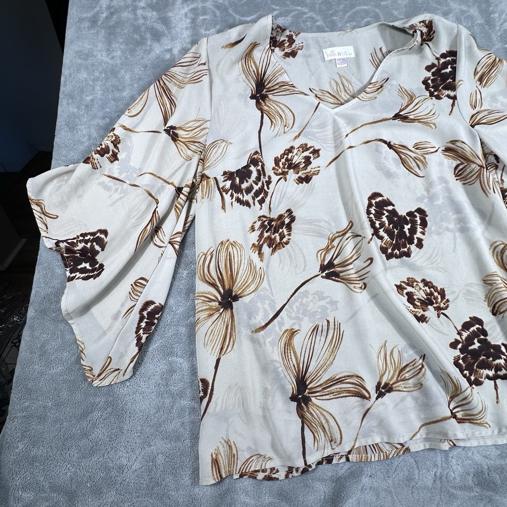 Belle Kim Gravel Top Small Floral Bell Sleeve Blouse Lined Chiffon V-neck Boho - Picture 8 of 11